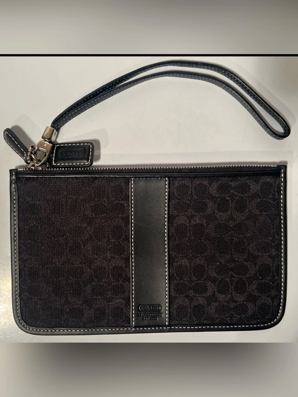 Coach Signature Jacquard Black Leather-Trim Wristlet Pouch Clutch Silver